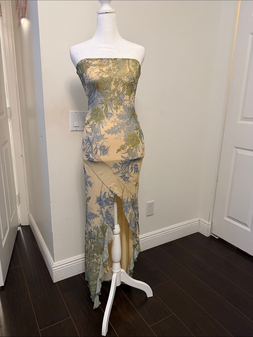 Tiger Mist Strapless Floral Asymmetric Maxi Dress in Sage and Cream